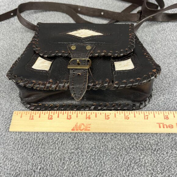 Vintage Hand Tooled Leather Crossbody Purse Womens Brown Hair-On Hide Western - Picture 8 of 15